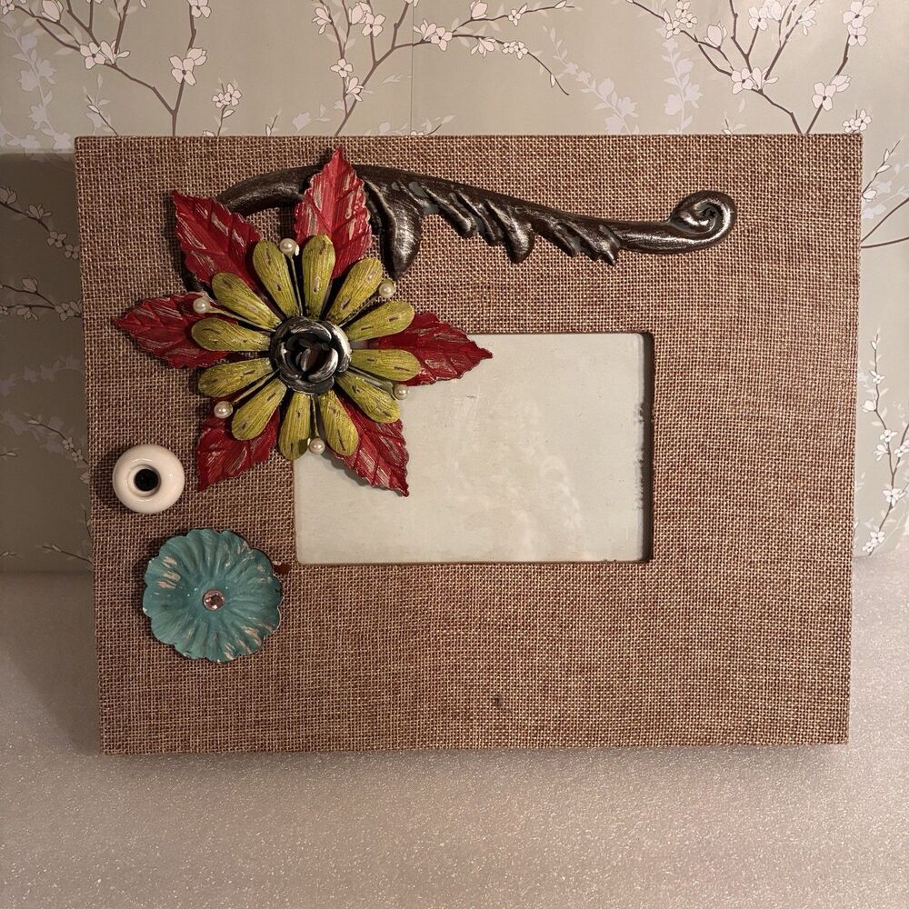 Picture Frame Wrapped In Burlap And Adorned W/ Metal Flowers & Knob. 4”x6” Pic.